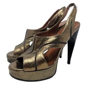 Lanvin 36 Gold Metallic Leather Heel Sandal Glam Designer Disco Formal Platform
